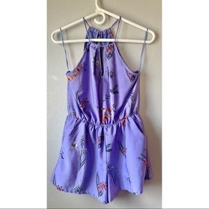 Japna Keyhole Tie Halter Top Romper with Front pockets and Floral Pattern